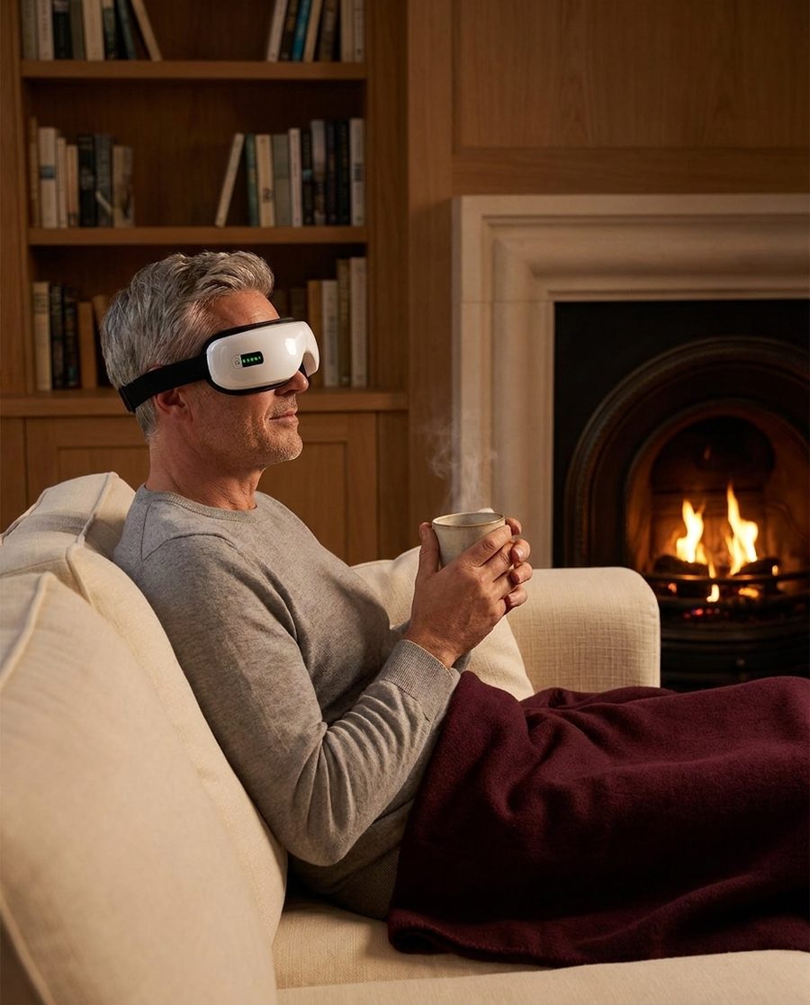 A man on a sofa at night holding a warm mug while wearing the Duvela eye massager, fireplace behind him.