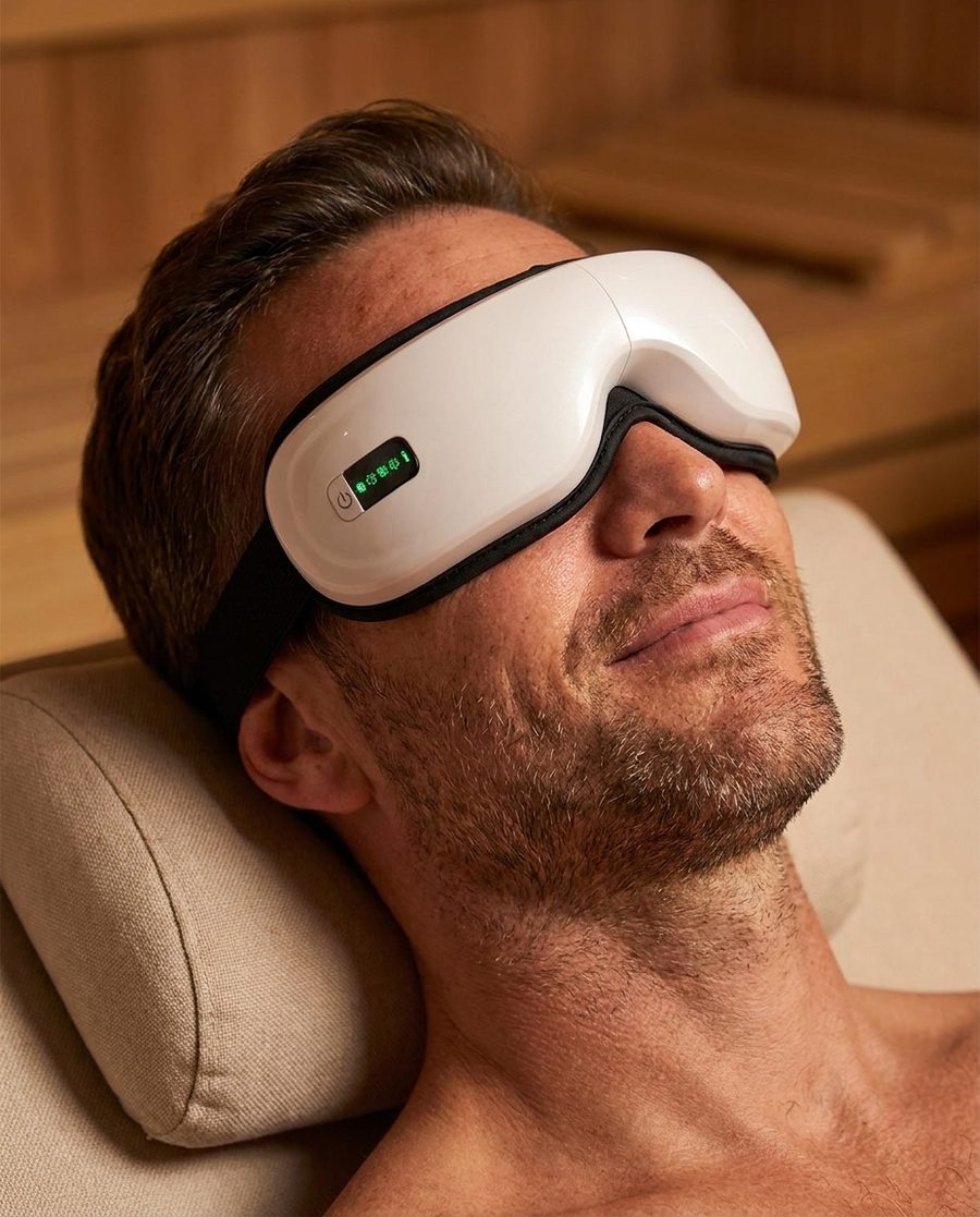A man leaning back in an armchair in the evening wearing the Duvela eye massager, eyes closed, calm.