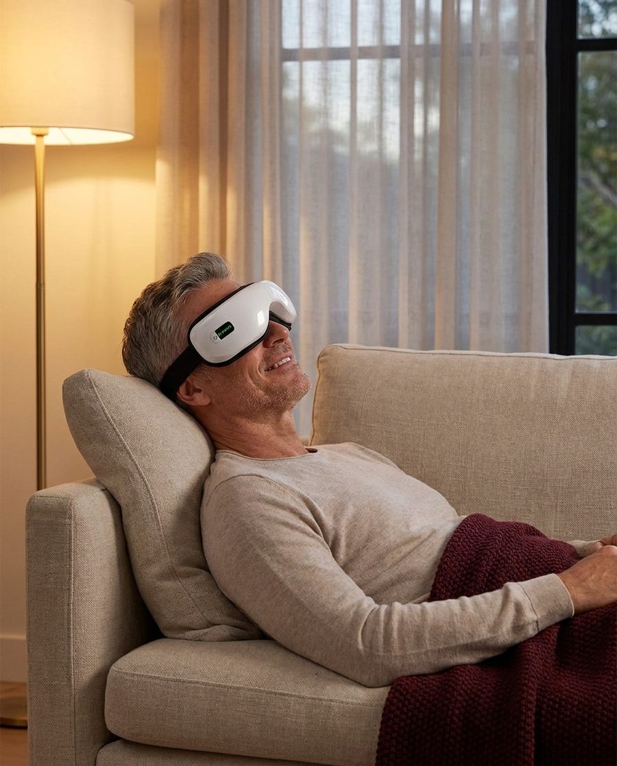 A man relaxing on a linen sofa in the evening wearing the Duvela eye massager.