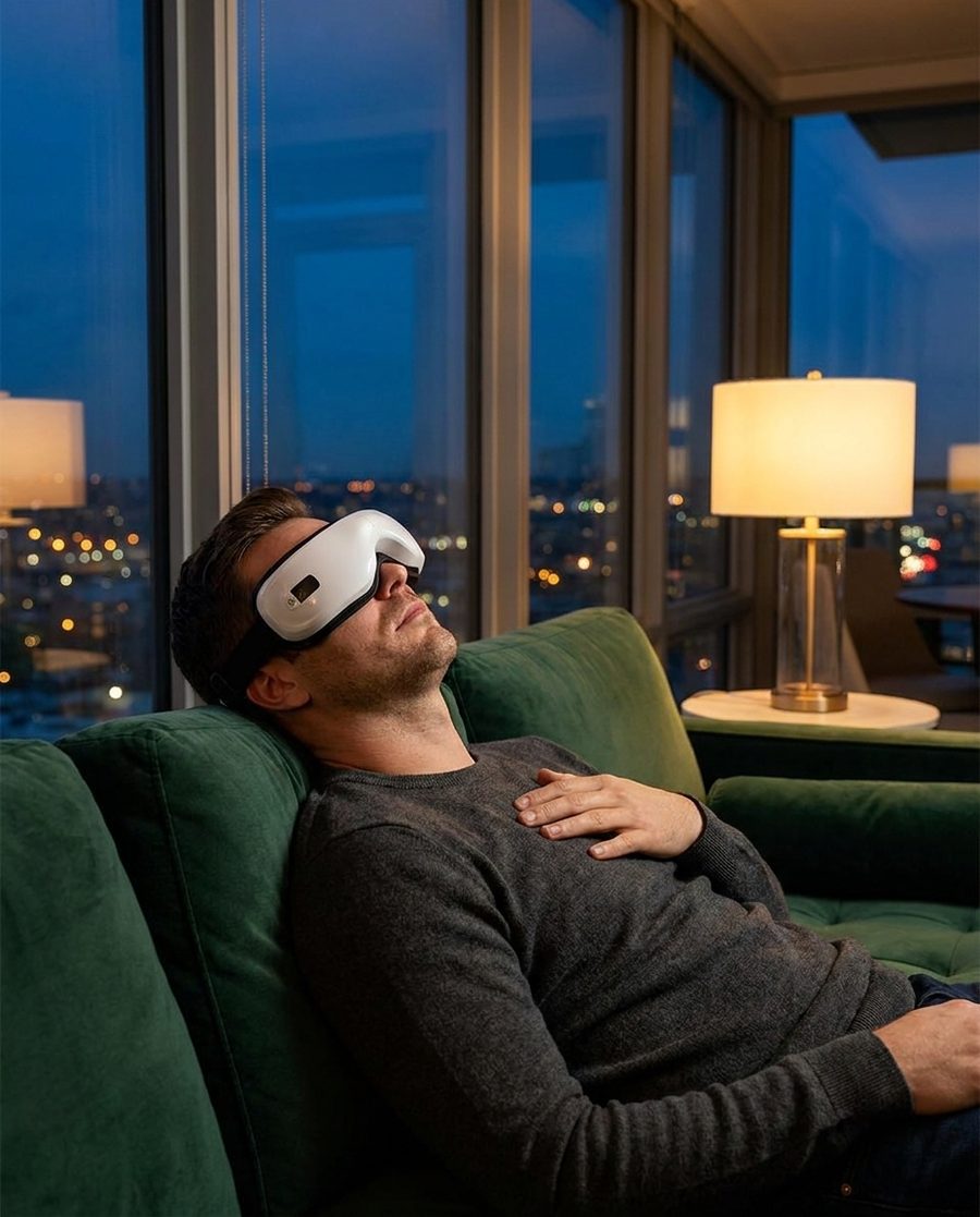 A younger man lying back on the couch after work wearing the Duvela eye massager, city lights outside.