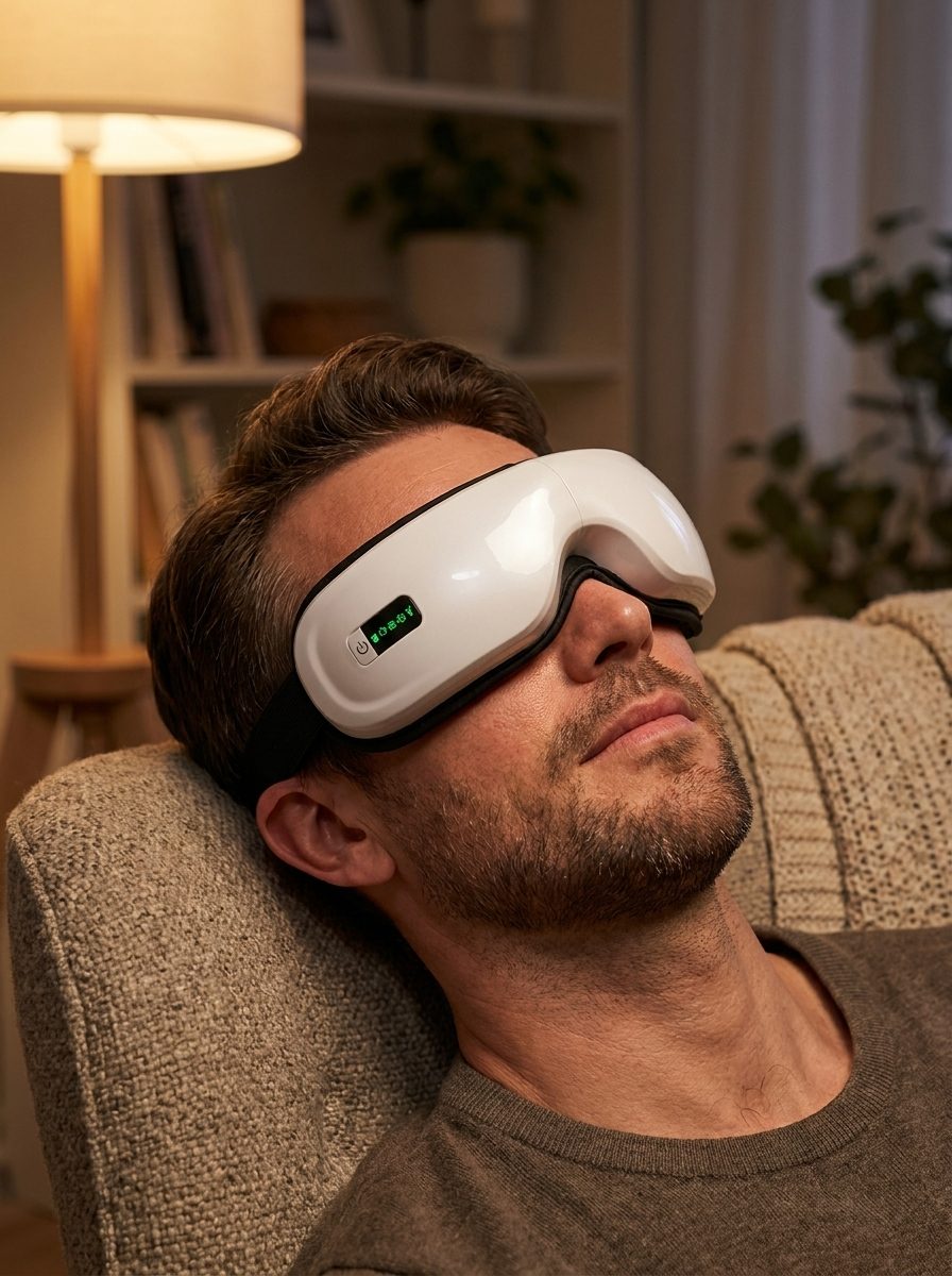 A man in his thirties leaning back from his desk setup late at night, wearing the white Duvela heated eye massager, monitors glowing behind him.